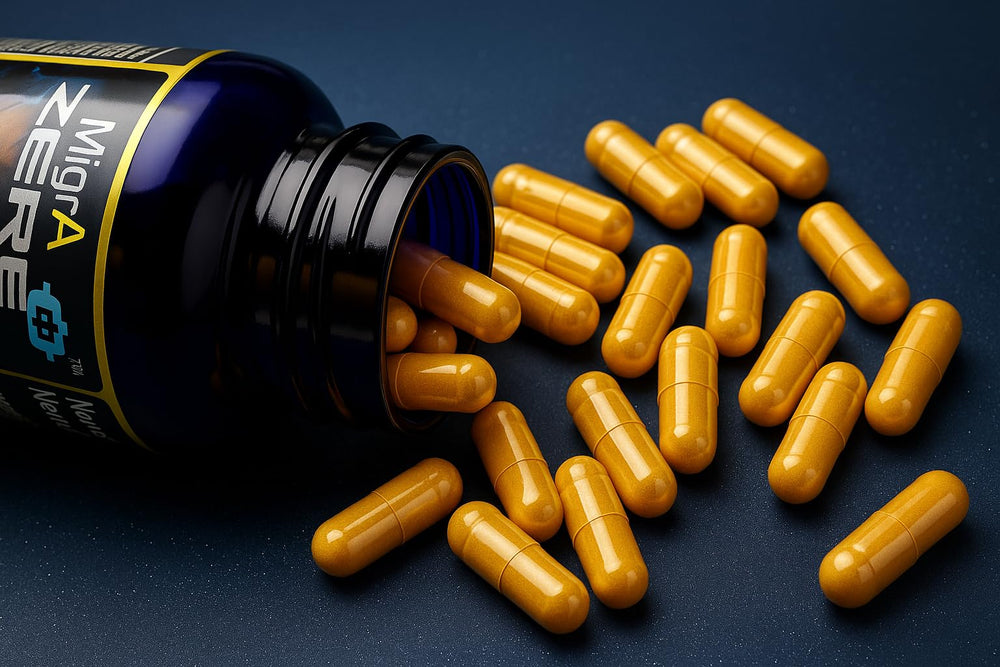 Iconis Bioceuticals MigrA Zero capsule close-up showing smooth coating.