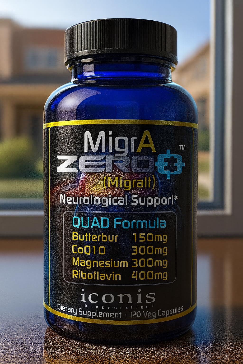 Iconis Bioceuticals MigrA Zero PA-free butterbur image signaling safety-conscious sourcing.