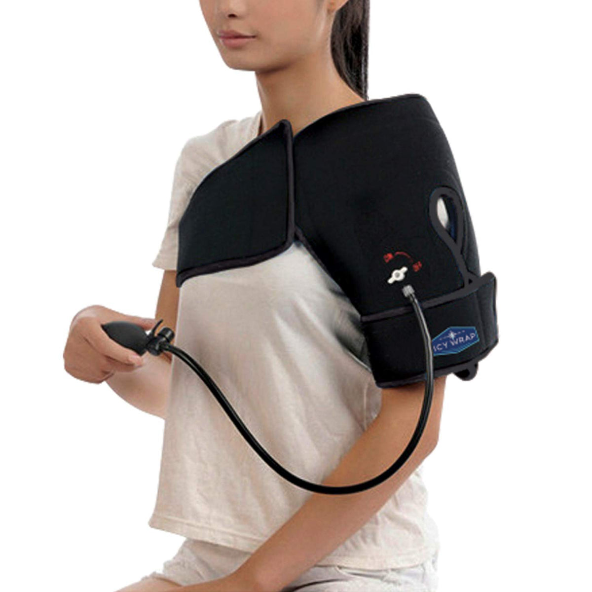 Icy Wrap shoulder wrap in use delivers targeted cold compression for shoulder relief.