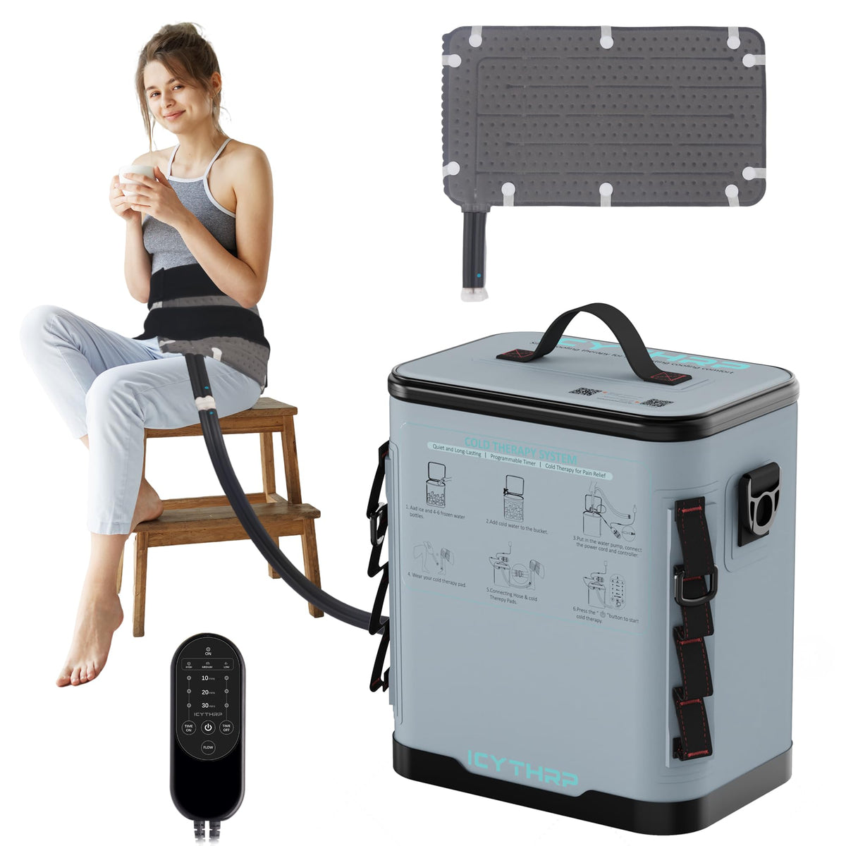 ICYTHRP cold therapy machine front view with timer display for easy setup.