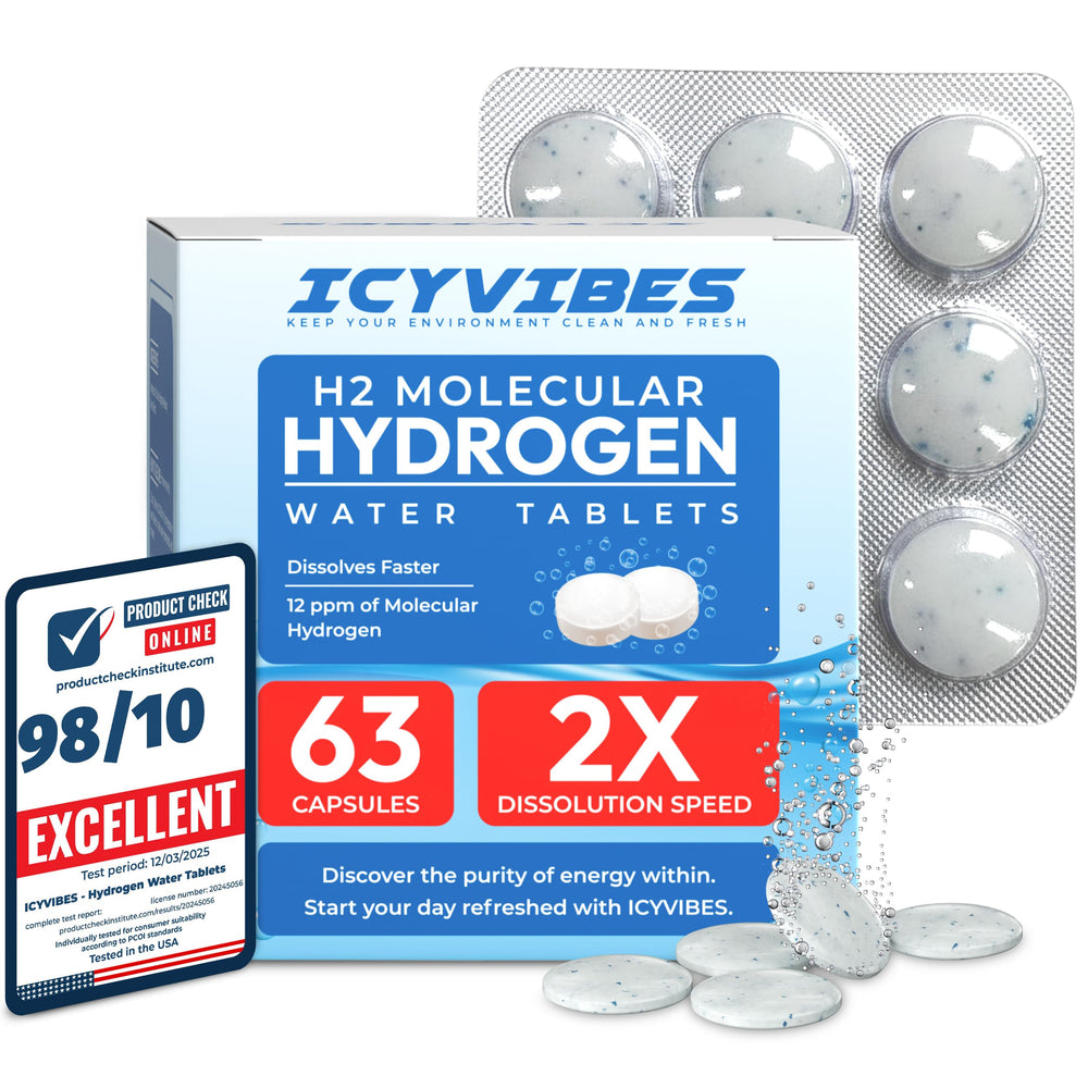 ICYVIBES premium mineral hydrogen tablets dissolving in a glass for refreshing water
