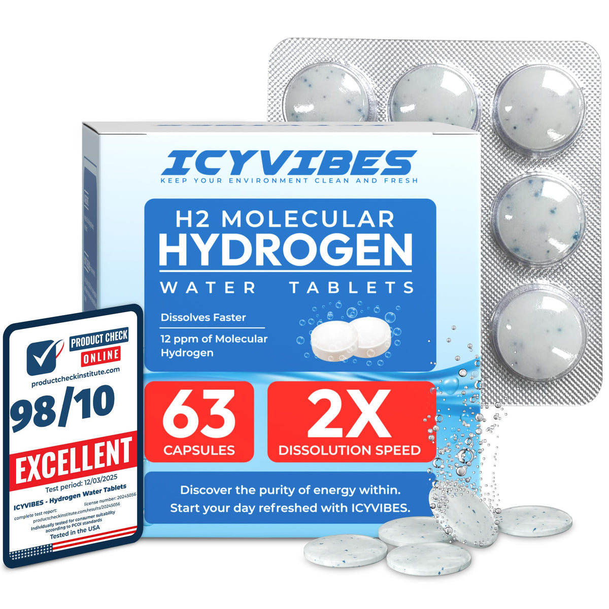 ICYVIBES premium mineral hydrogen tablets dissolving in a glass for refreshing water