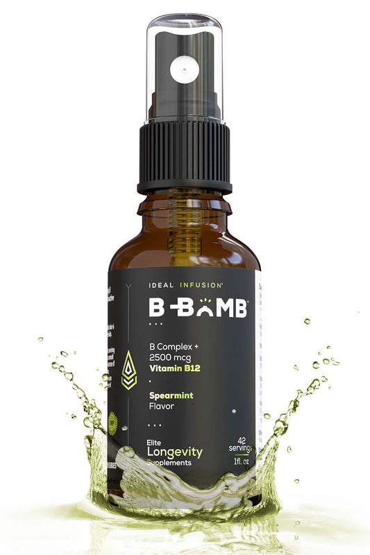 Ideal Infusion B-Bomb bottle showing sublingual spray for fast absorption.