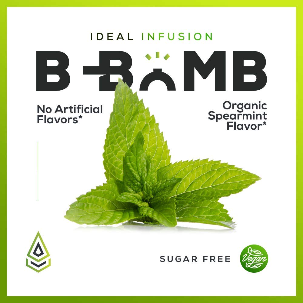 B-Bomb packaging features sugar-free badge and stevia icon.