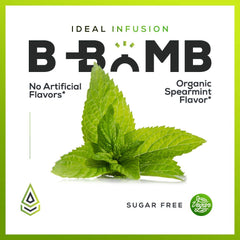 B-Bomb packaging features sugar-free badge and stevia icon.