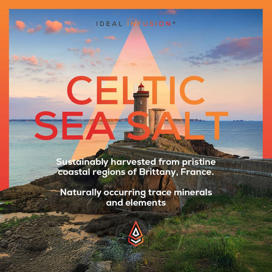 Ideal Infusion Celtic Sea Salt electrolyte bottle highlighting mineral-rich hydration after activity.