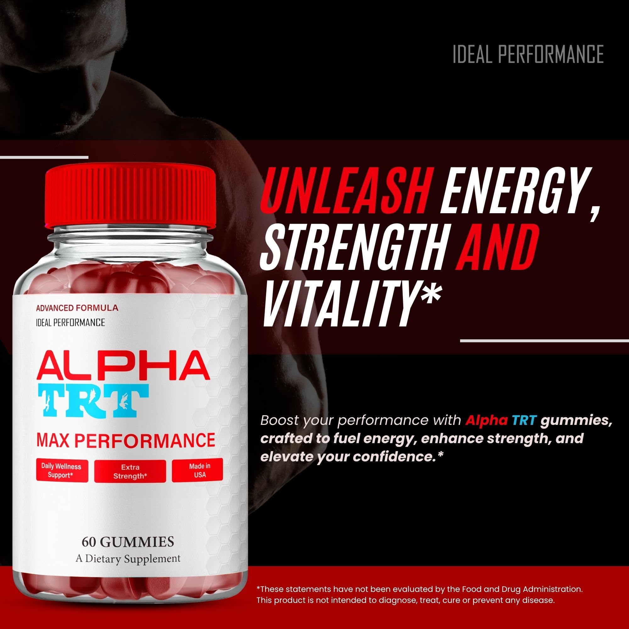 IDEAL PERFORMANCE Alpha TRT Gummies label close-up emphasizes natural approach.