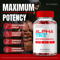 IDEAL PERFORMANCE Alpha TRT Gummies label detail showing natural ingredients list.