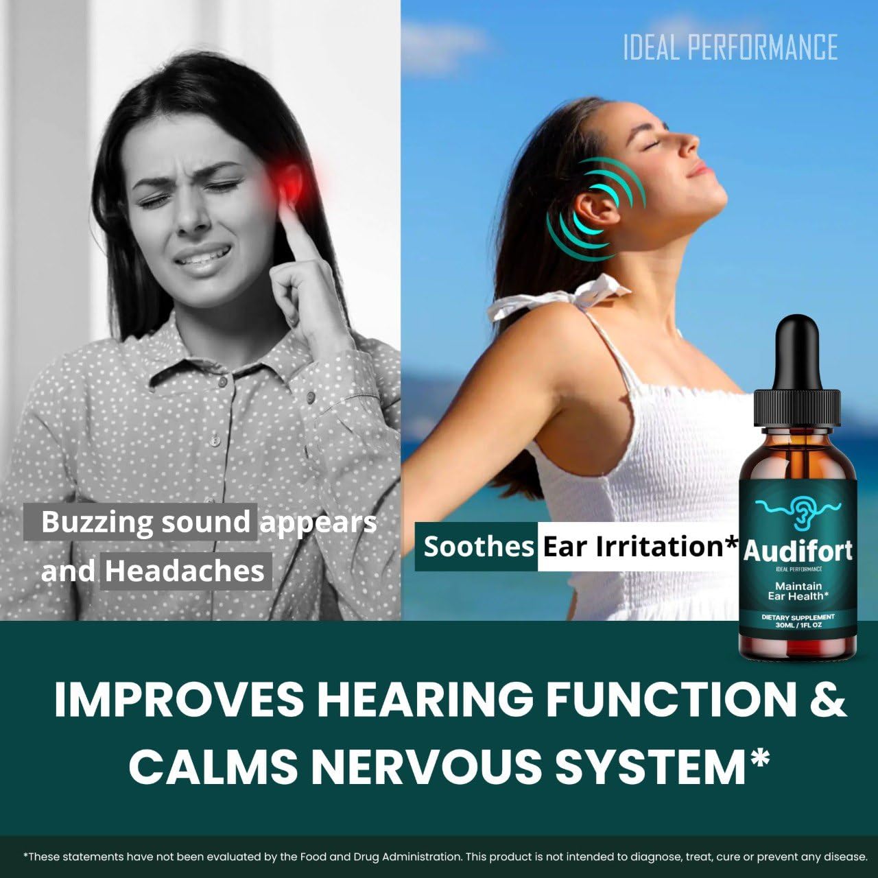 Audifort tinnitus drops bottle with measurement marks for accurate dosing.