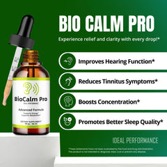 Bio Calm Pro Tinnitus Drops label close-up with natural ingredients.