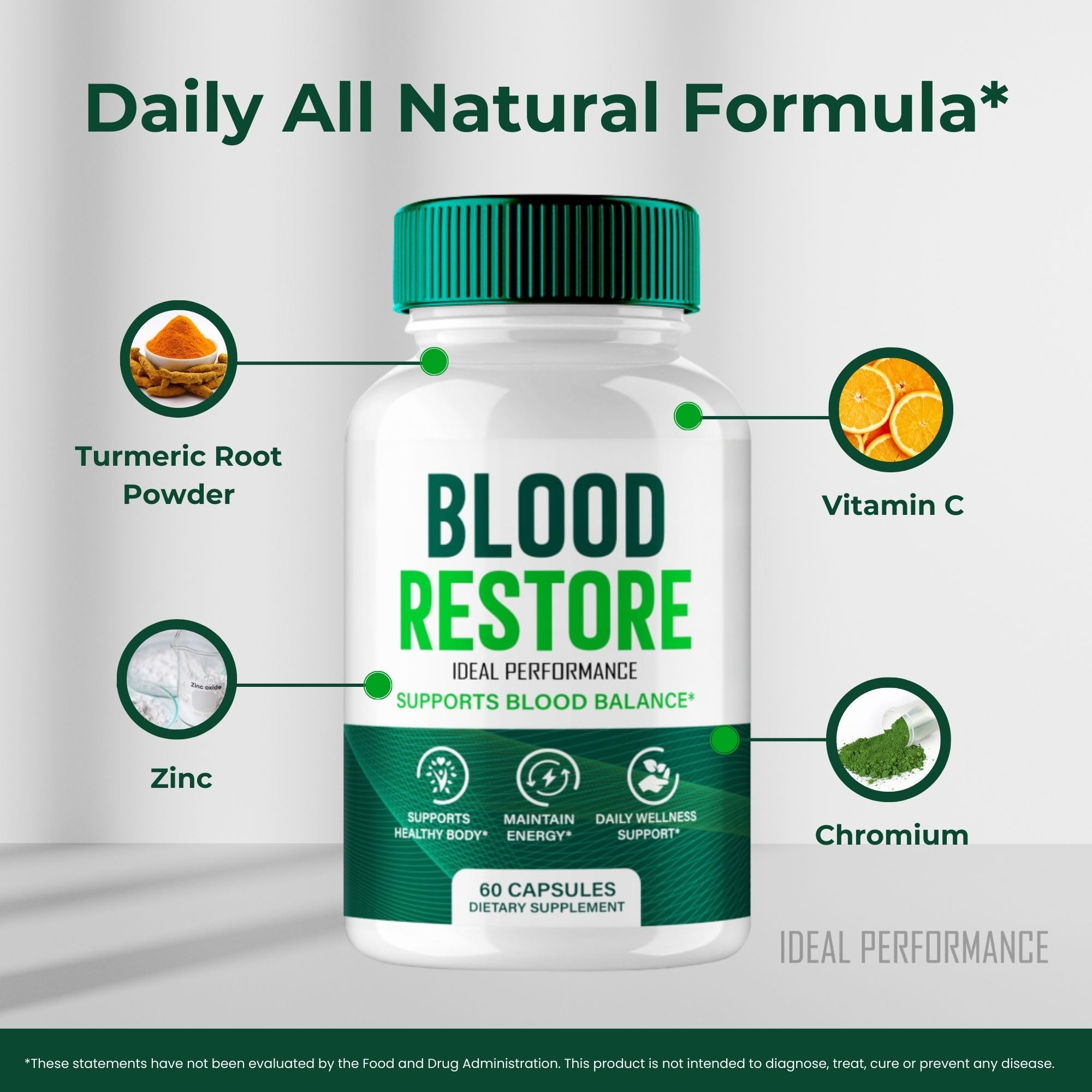 IDEAL PERFORMANCE Blood Restore Capsules bottle caps, easy access for regular supplementation.