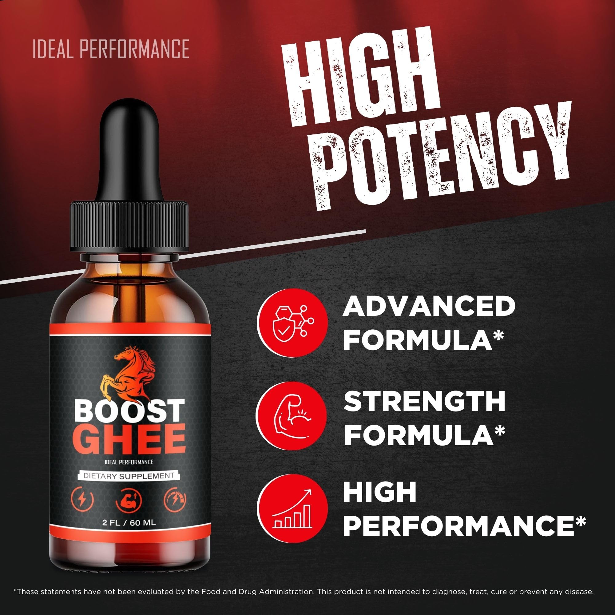 IDEAL PERFORMANCE Boost Ghee Drops label design emphasizes all-natural energy support.