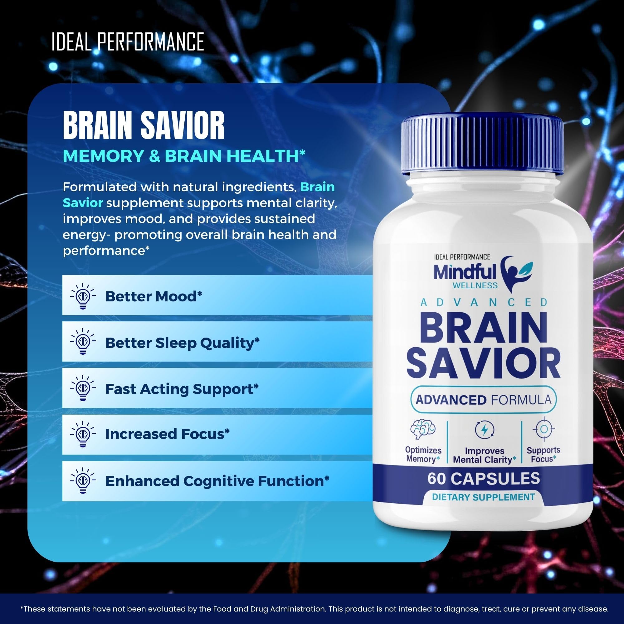 IDEAL PERFORMANCE Brain Savior label detail highlighting all-natural formula for daily focus
