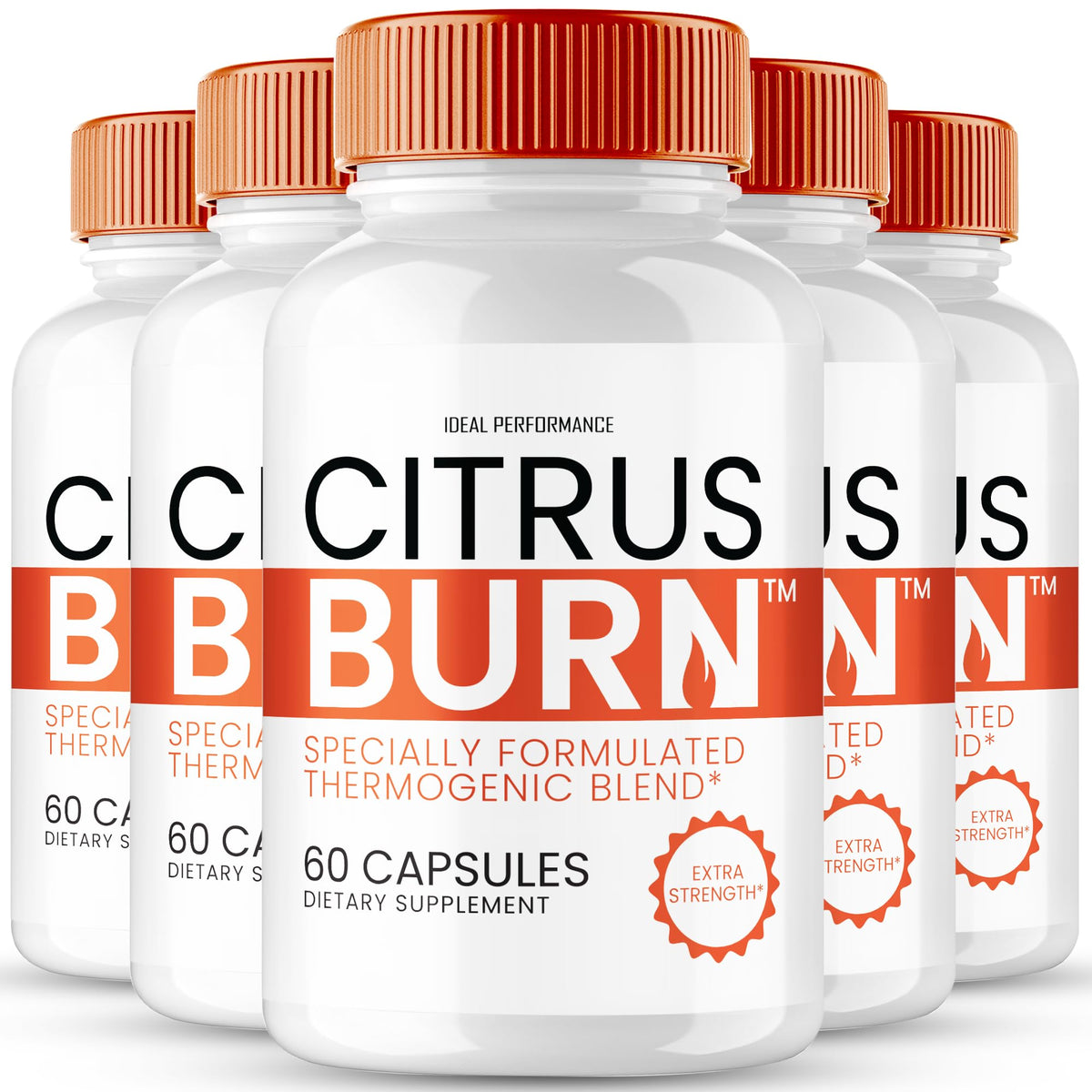 IDEAL PERFORMANCE Citrus Burn capsules bottle front; supports an active lifestyle with natural ingredients.