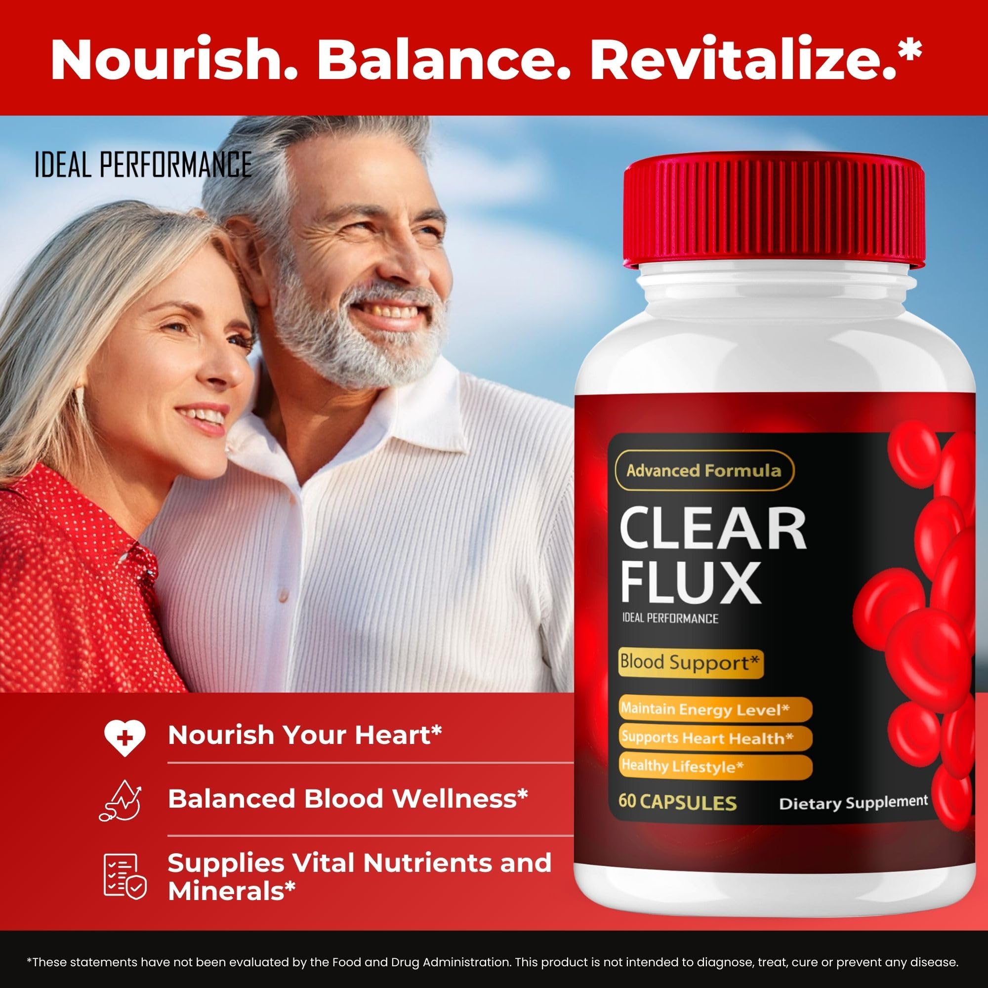 IDEAL PERFORMANCE Clear Flux capsules in hand illustrate portable daily supplementation.