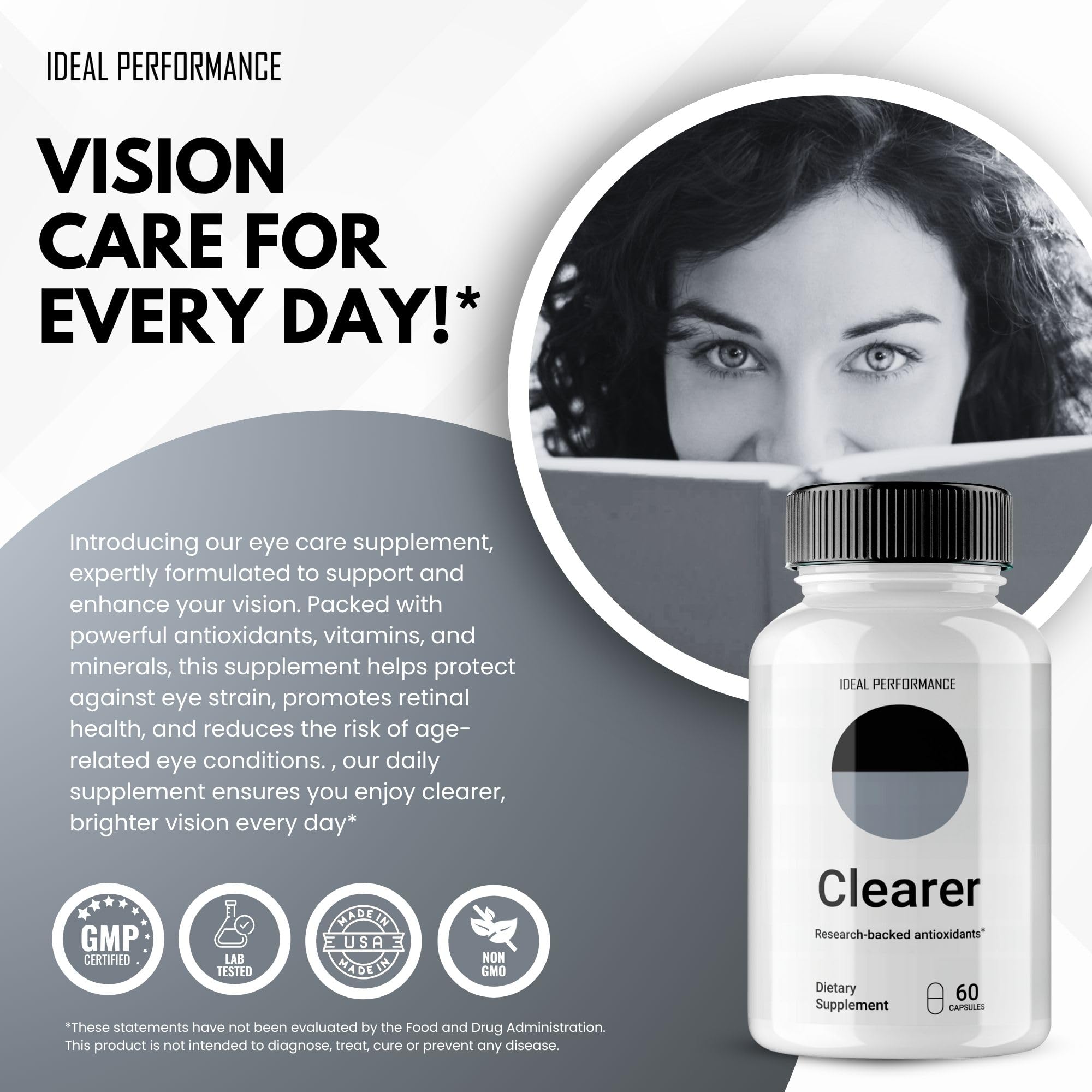 IDEAL PERFORMANCE Clearer Vision daily-use scene at a desk.