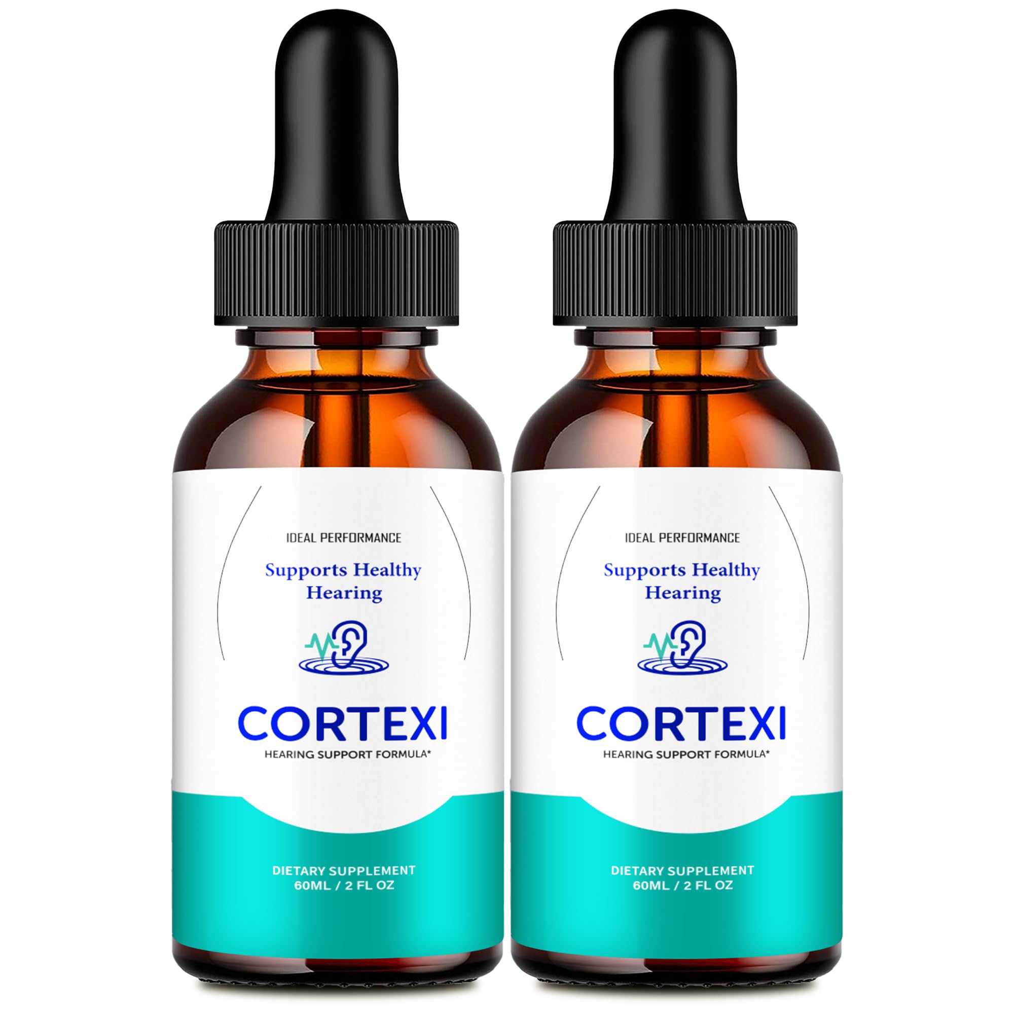 IDEAL PERFORMANCE Cortexi bottle pour illustrates easy-to-use tinnitus relief drops.