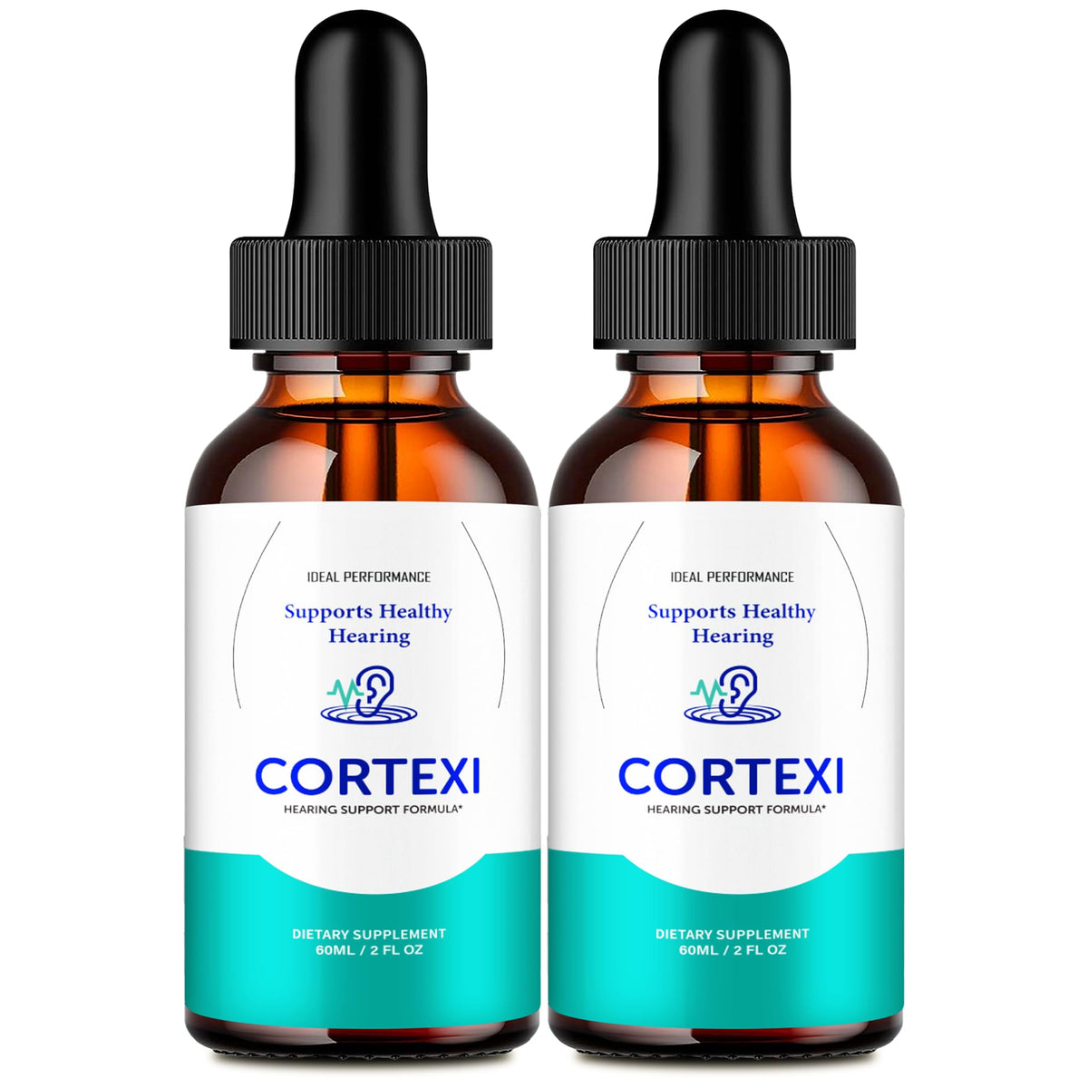 IDEAL PERFORMANCE Cortexi bottle pour illustrates easy-to-use tinnitus relief drops.