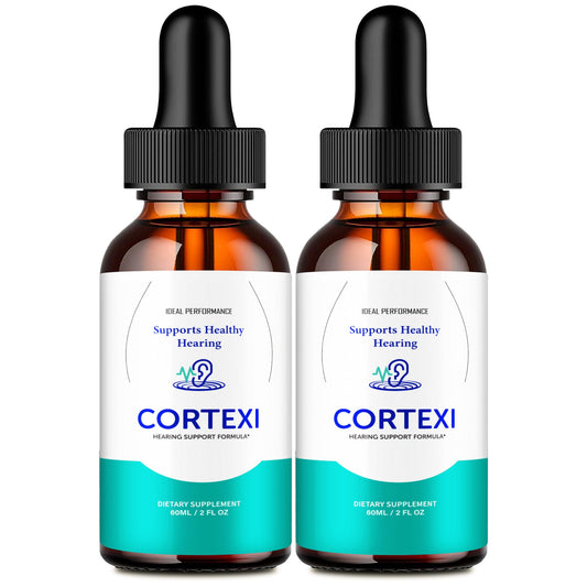 IDEAL PERFORMANCE Cortexi bottle pour illustrates easy-to-use tinnitus relief drops.