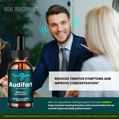Audifort tinnitus drops liquid form shown for easy-to-dose daily routine.