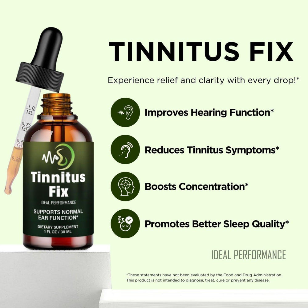 IDEAL PERFORMANCE Ear health supplement liquid beside a glass for daily use.