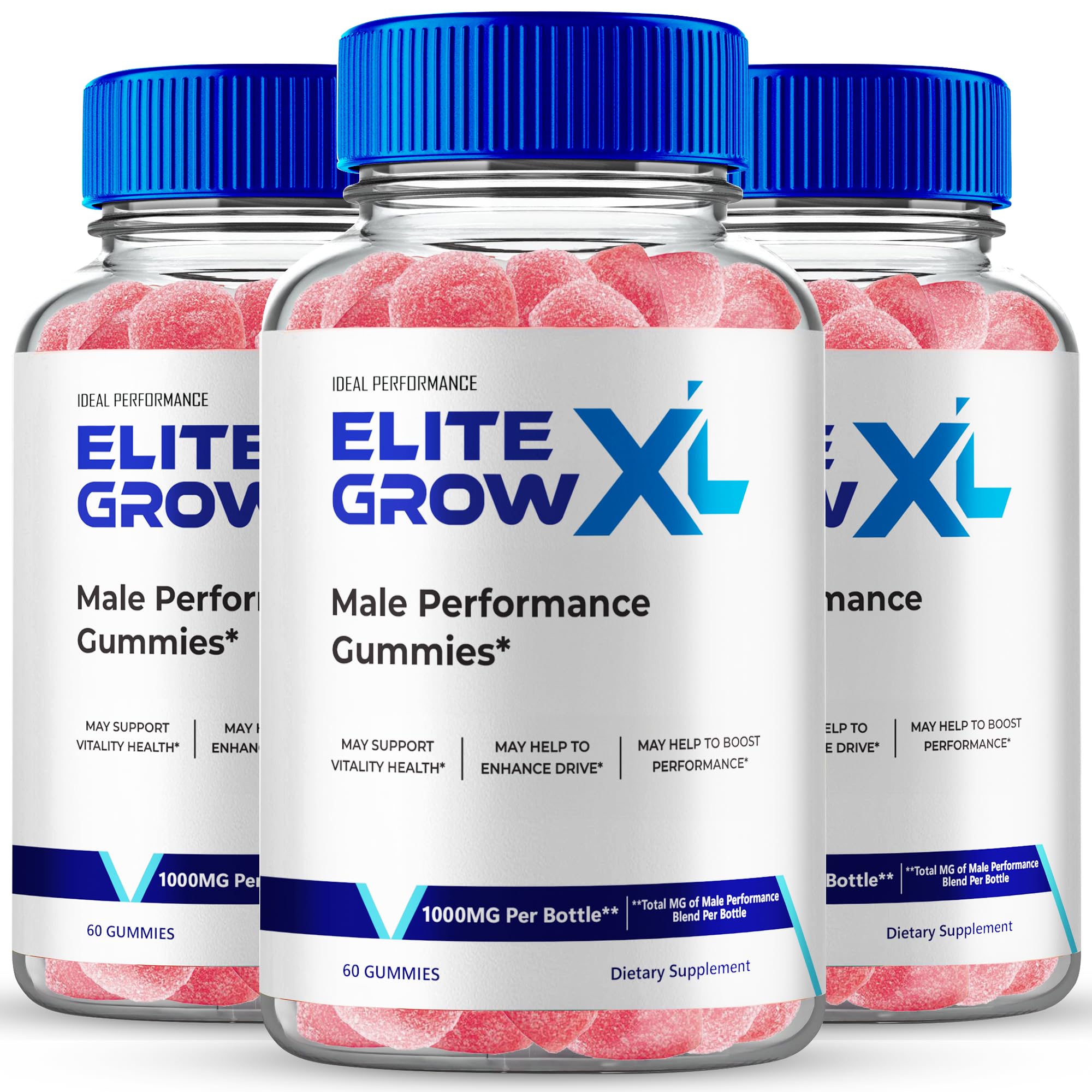 IDEAL PERFORMANCE Elite Grow XL Gummies bottle shows all natural ingredients for daily stamina