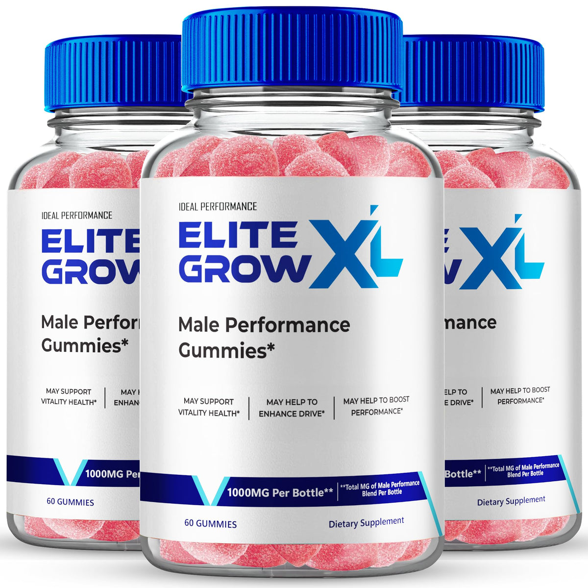 IDEAL PERFORMANCE Elite Grow XL Gummies bottle shows all natural ingredients for daily stamina
