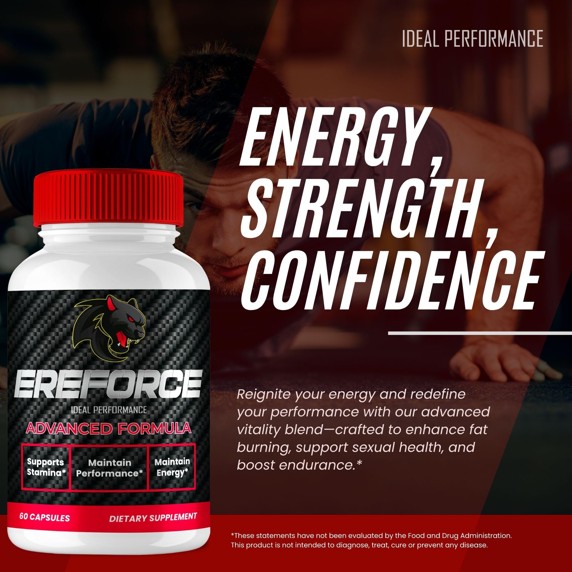 IDEAL PERFORMANCE Ereforce capsules glass bottle on desk – premium packaging and accessibility.