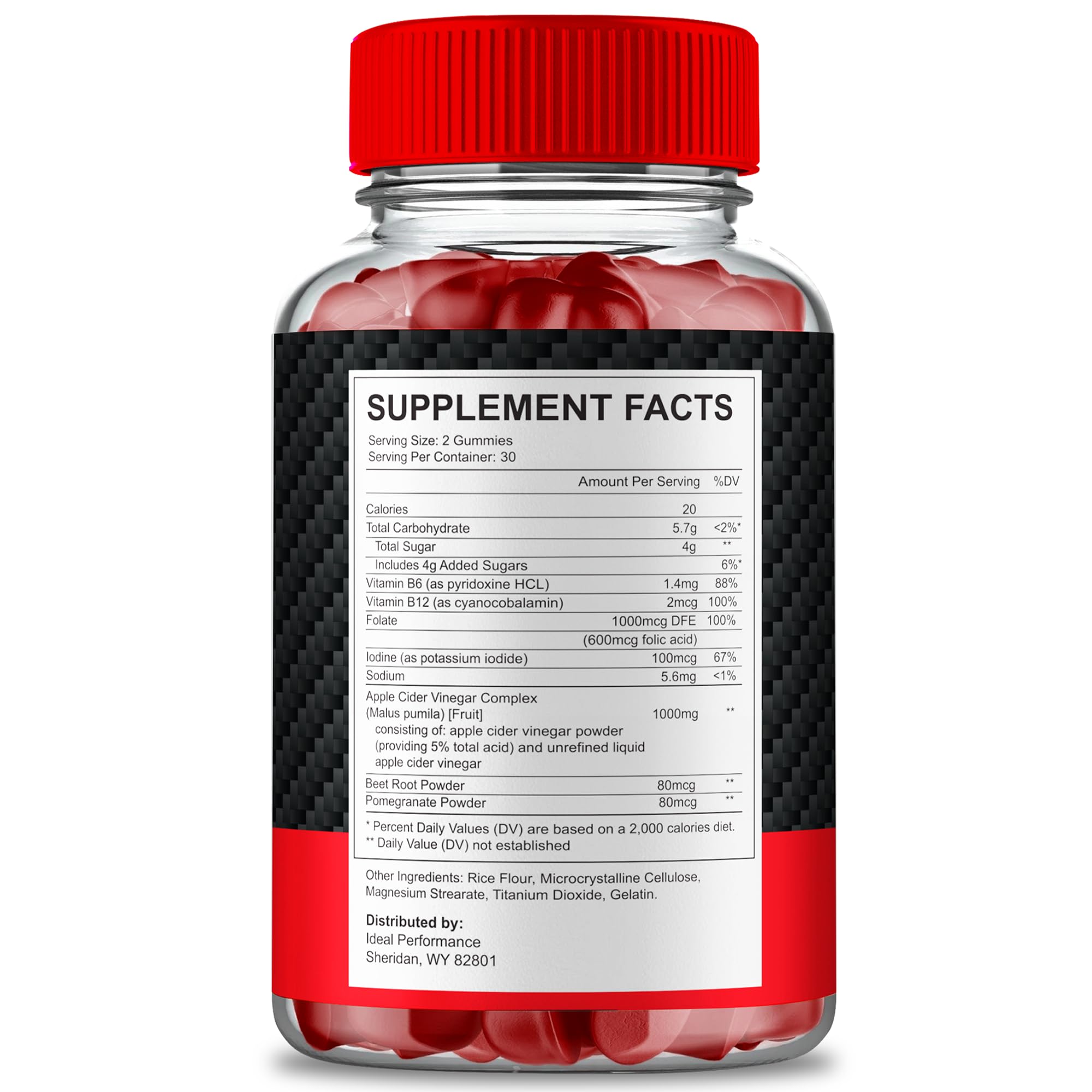 IDEAL PERFORMANCE Ereforce Gummies bottle back close-up highlighting natural ingredients.