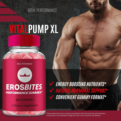 IDEAL PERFORMANCE Eros Bites Gummies ingredient panel highlights natural formula