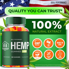 IDEAL PERFORMANCE Evergreen Hemp Gummies bottle angled for daily supplement use.