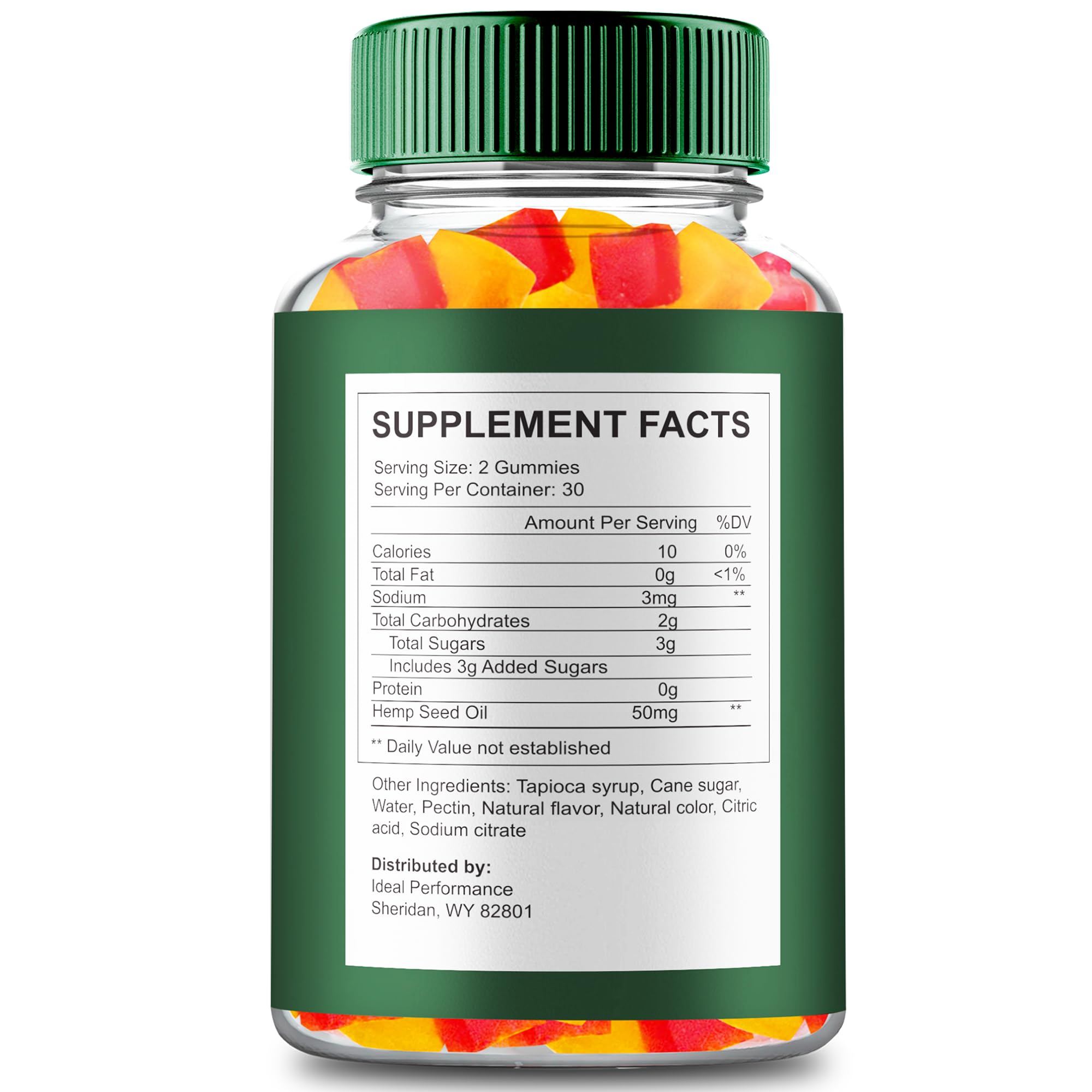 IDEAL PERFORMANCE Evergreen Hemp Gummies bottle back with ingredient highlights.