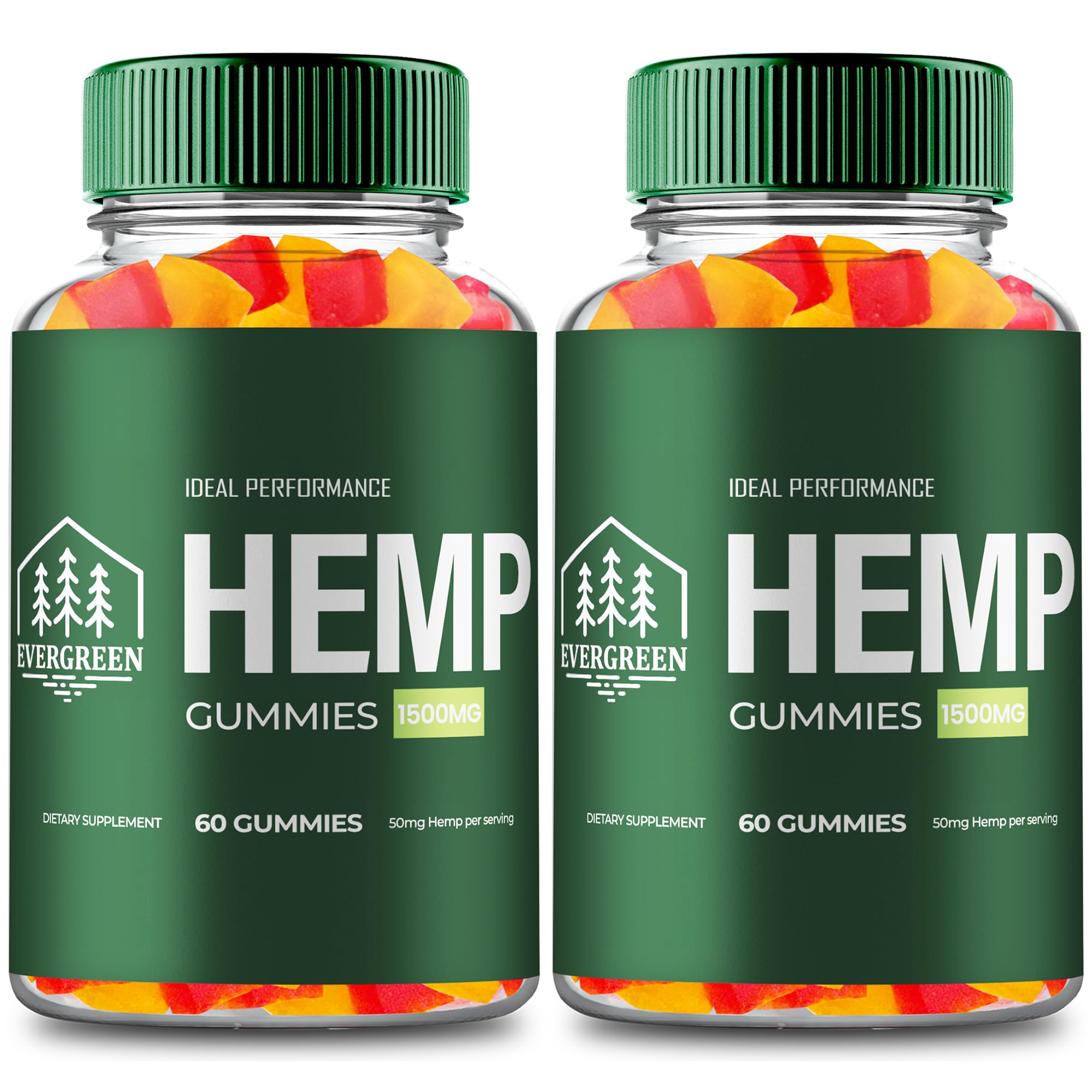 IDEAL PERFORMANCE Evergreen Hemp Gummies bottle front showing easy daily wellness support.