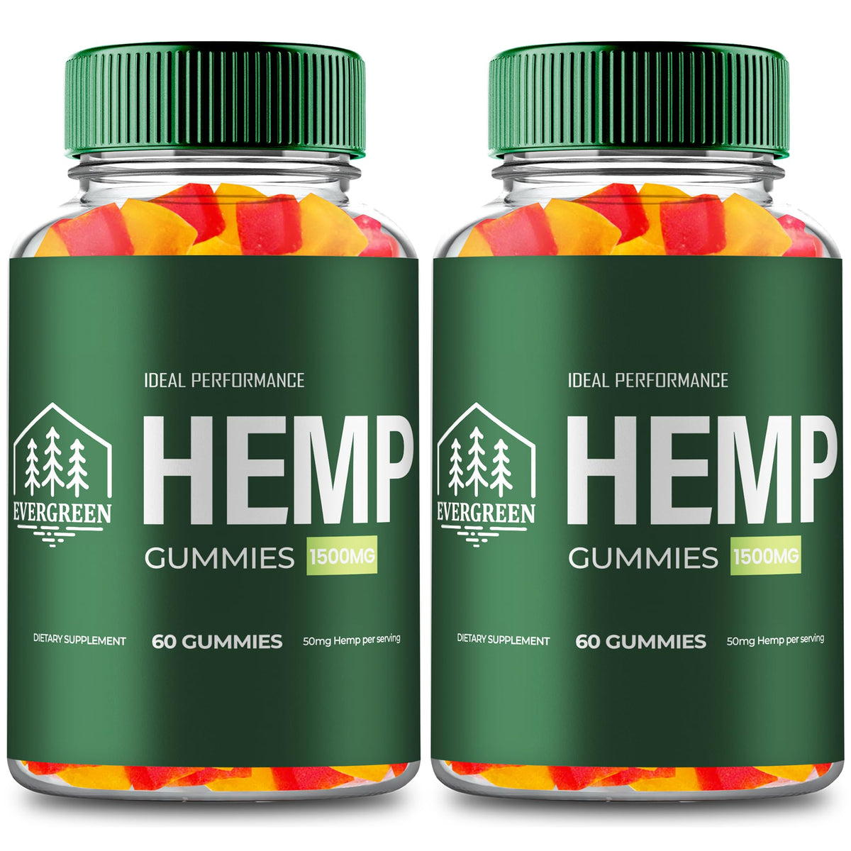 IDEAL PERFORMANCE Evergreen Hemp Gummies bottle front showing easy daily wellness support.