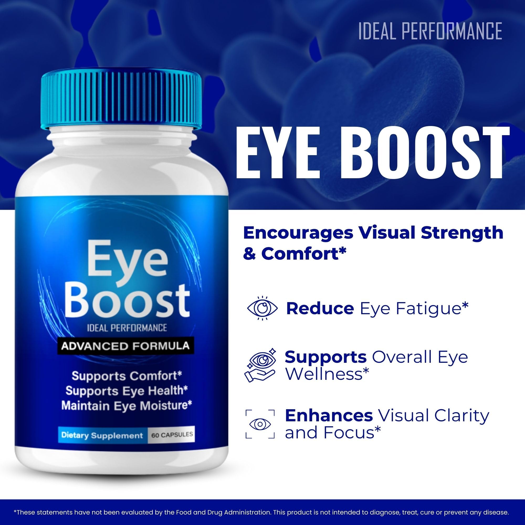 IDEAL PERFORMANCE Eye Boost capsules on a tray with product detail view