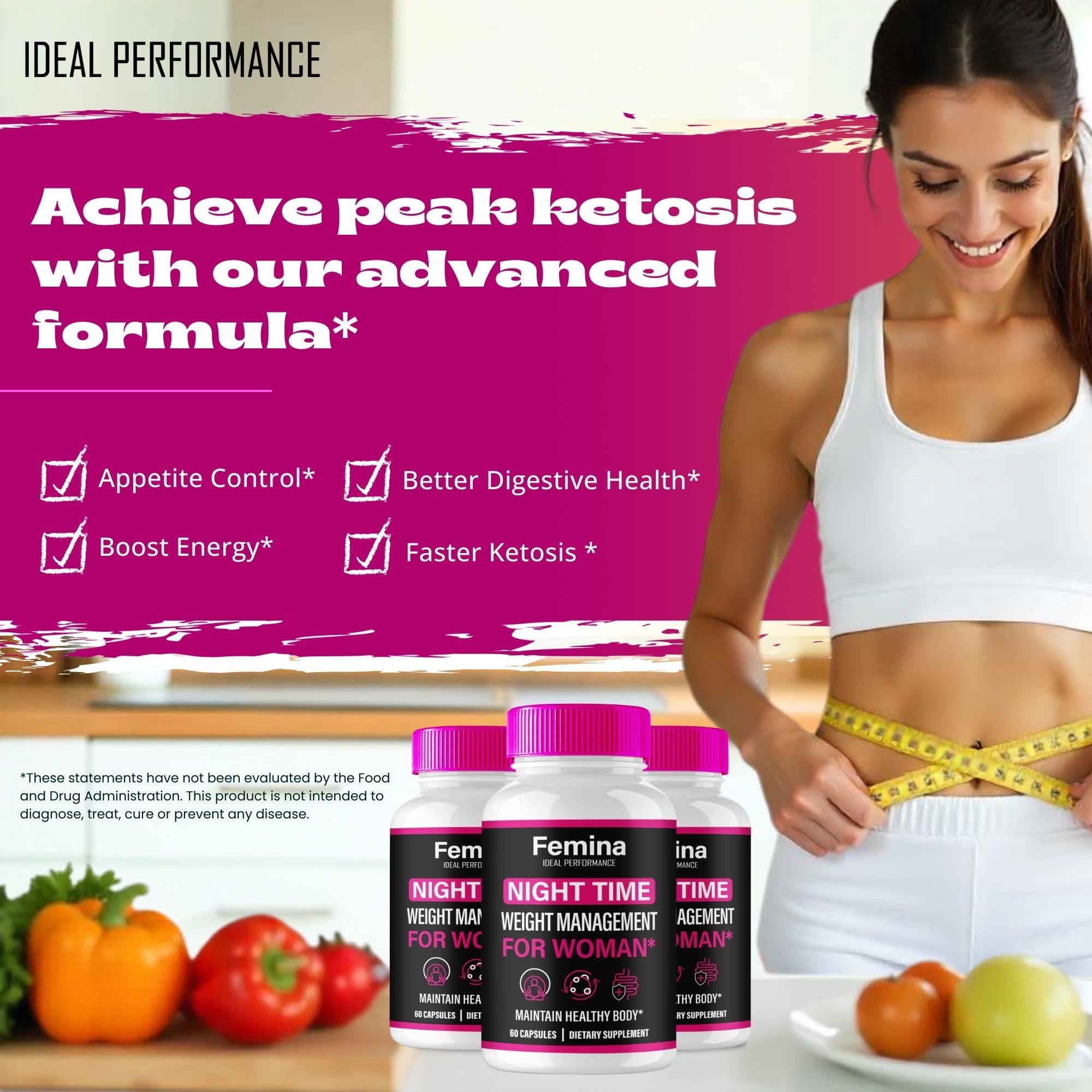 IDEAL PERFORMANCE Femina Nighttime Capsules night-ambience shot, calming wellness routine.