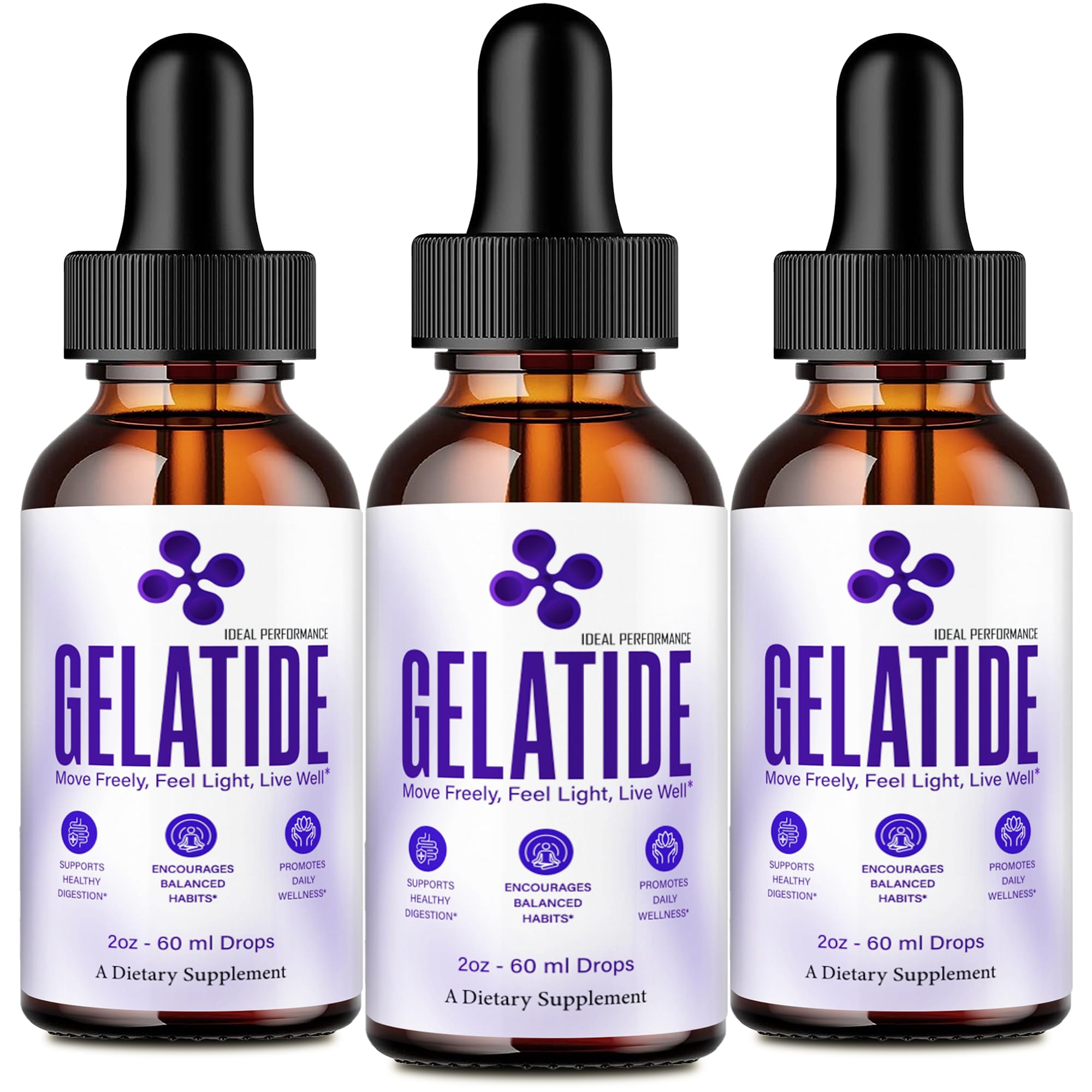 IDEAL PERFORMANCE Gelatide Drops bottle front for easy daily dosing during workouts.