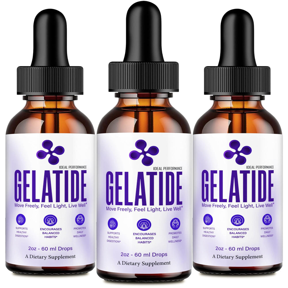 IDEAL PERFORMANCE Gelatide Drops bottle front for easy daily dosing during workouts.