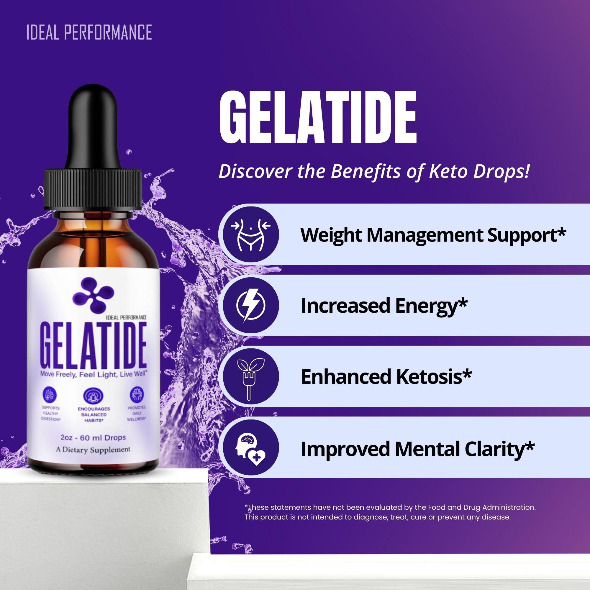IDEAL PERFORMANCE Gelatide Drops packaging with label, signaling official product and Gelatide supplement.