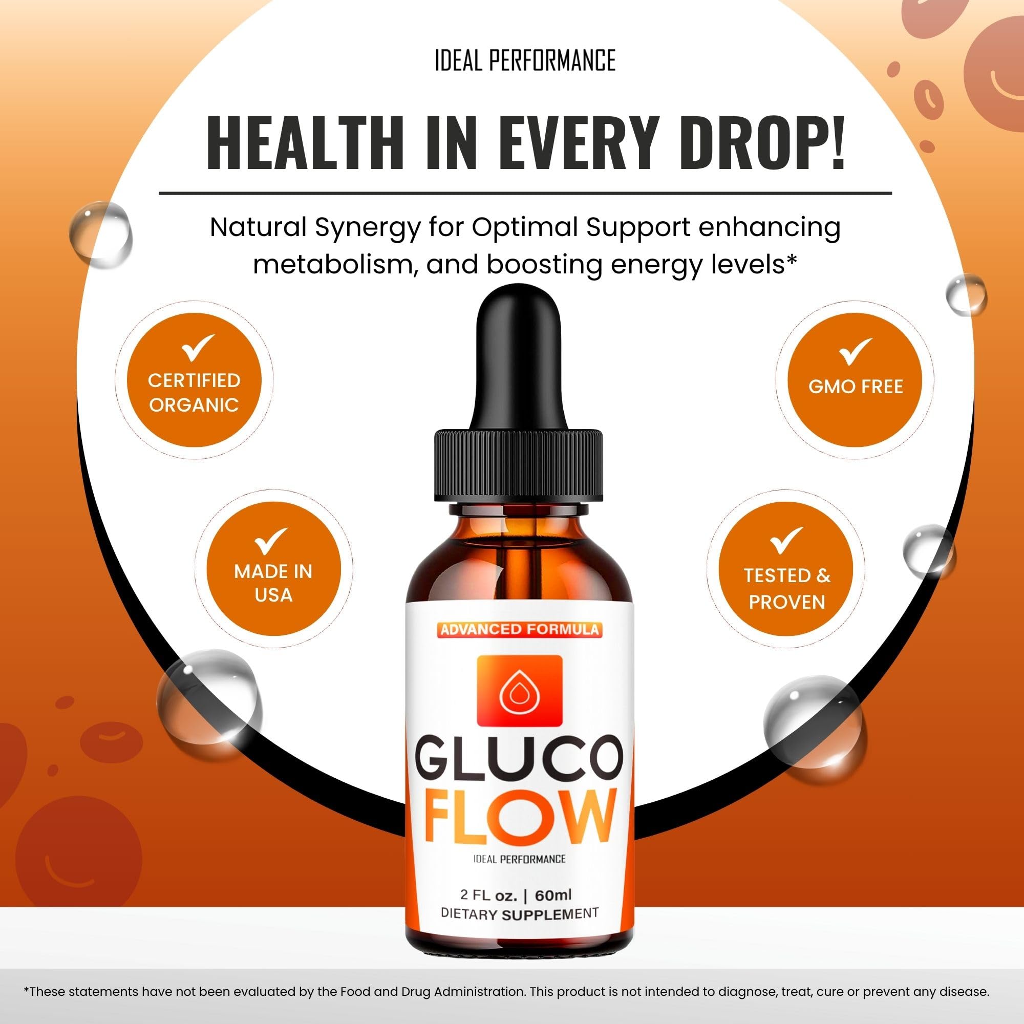 IDEAL PERFORMANCE Gluco Flow Drops label shows ingredients and usage notes