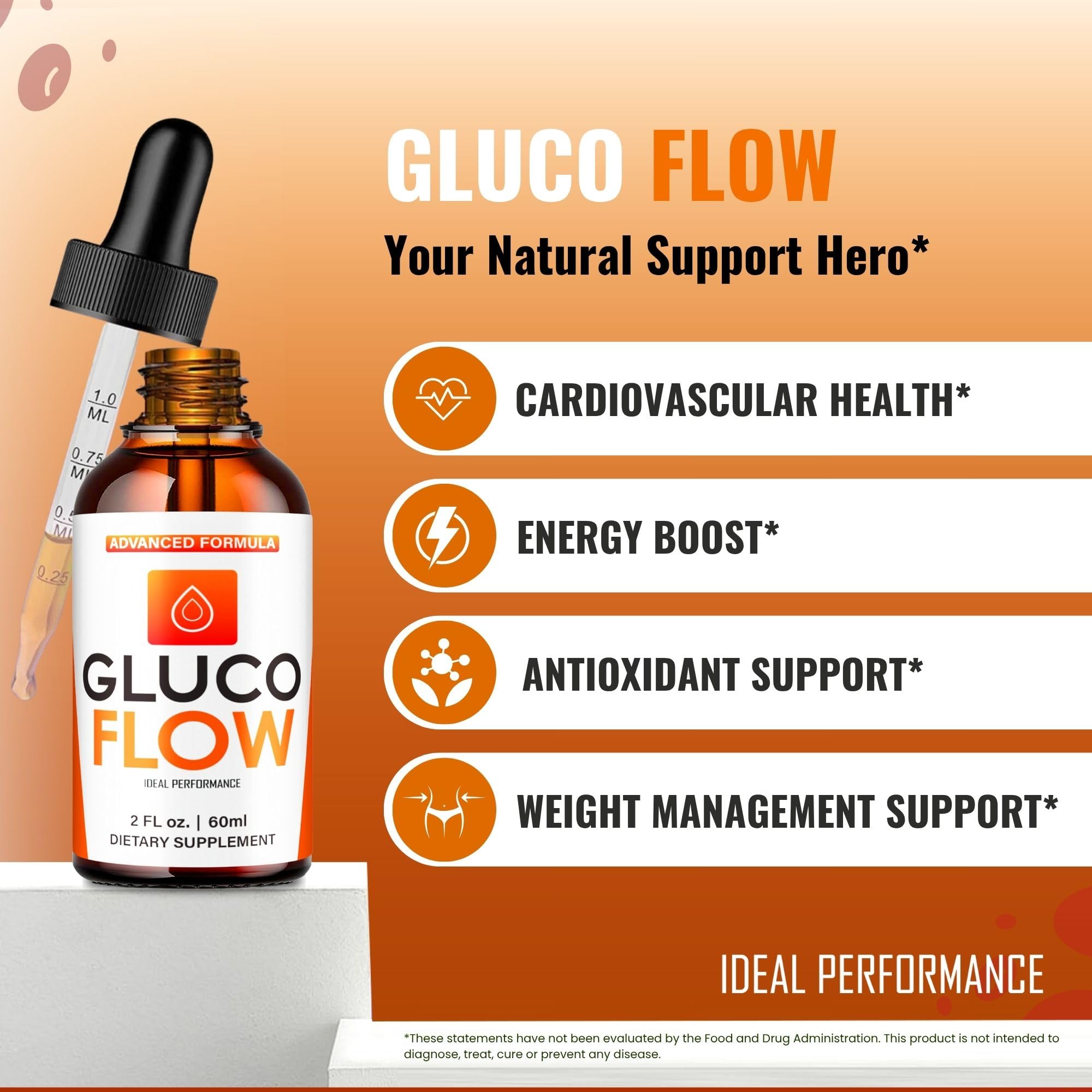 IDEAL PERFORMANCE Gluco Flow Drops packaging highlights product details and benefits