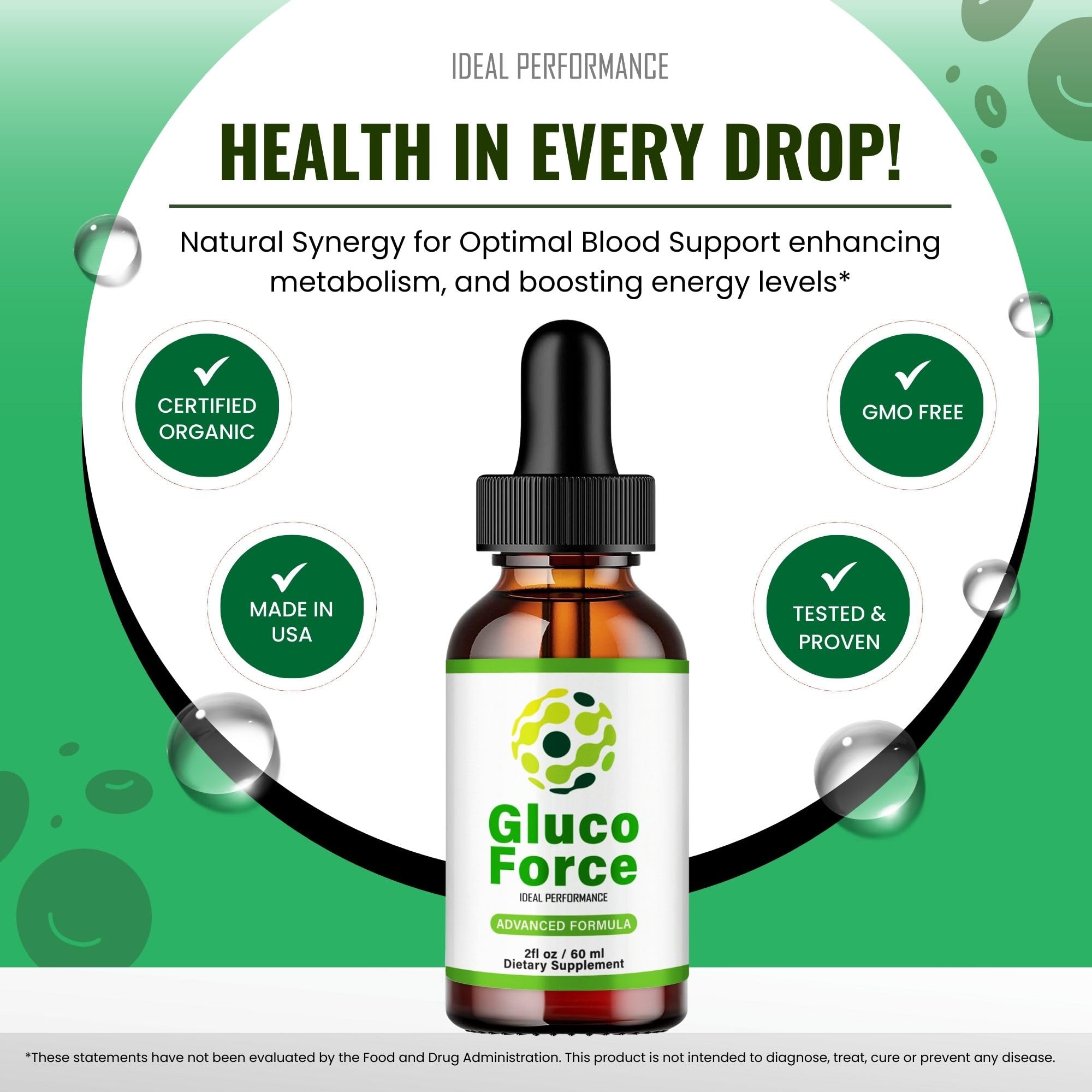IDEAL PERFORMANCE Gluco Force Drops dropper dispensing into glass for effortless dosing
