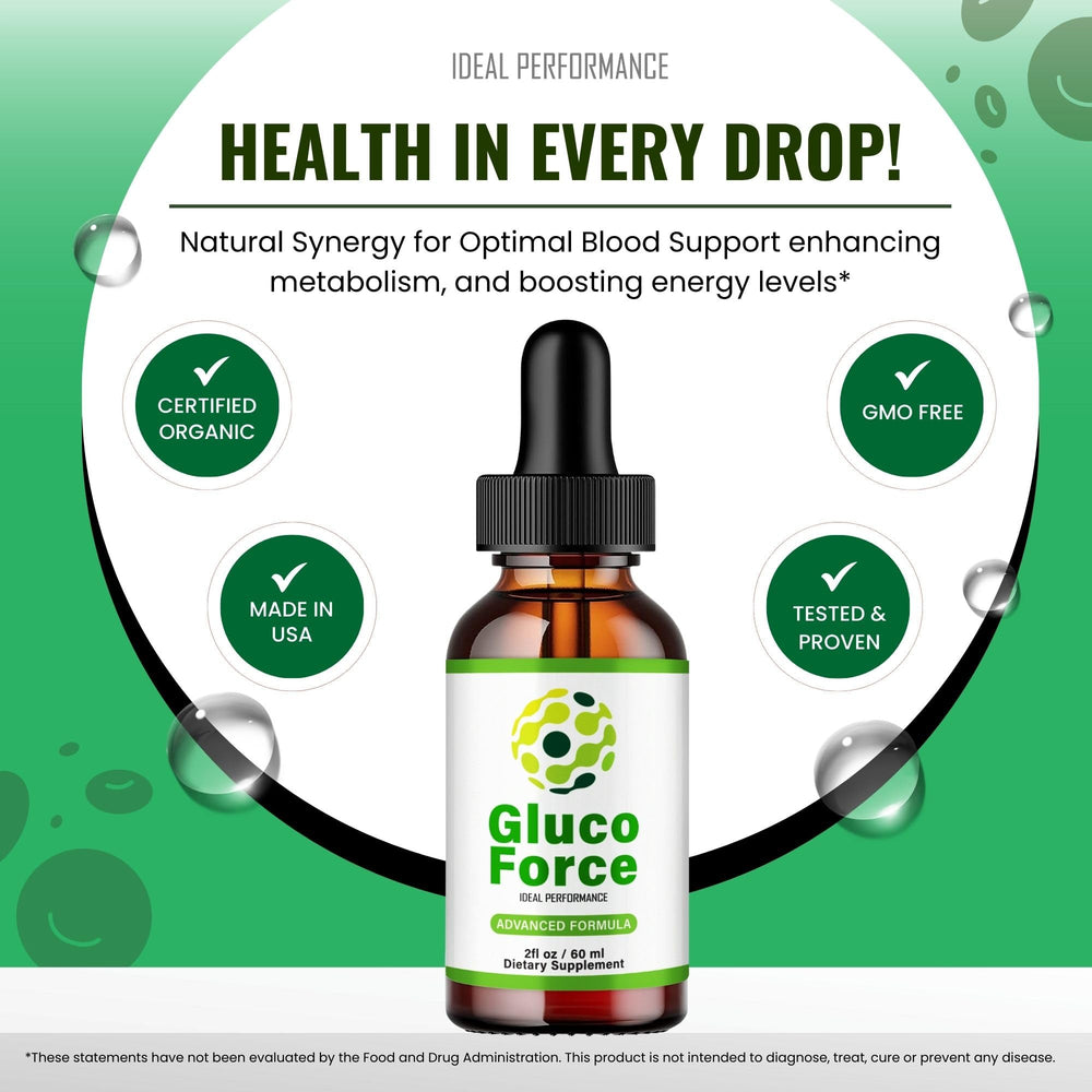 IDEAL PERFORMANCE Gluco Force Drops dropper dispensing into glass for effortless dosing