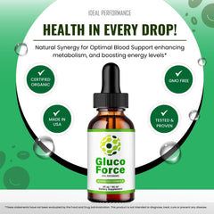 IDEAL PERFORMANCE Gluco Force Drops dropper dispensing into glass for effortless dosing