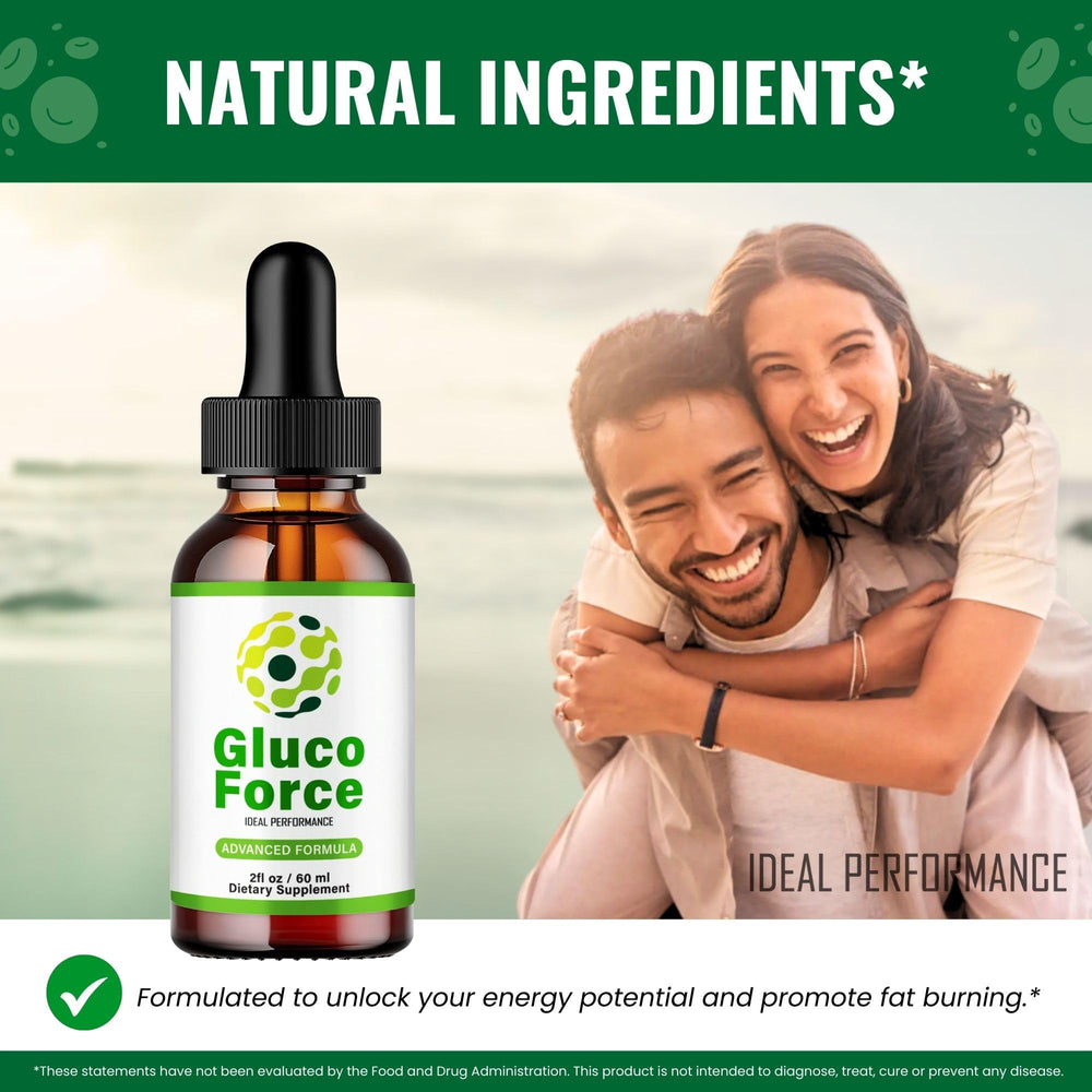 IDEAL PERFORMANCE Gluco Force Drops bottle beside water for easy mixing and consumption