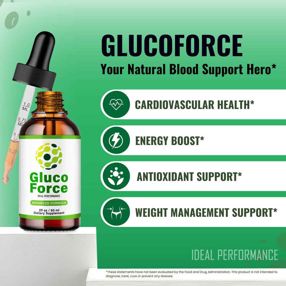 IDEAL PERFORMANCE Gluco Force Drops label highlights all natural blend