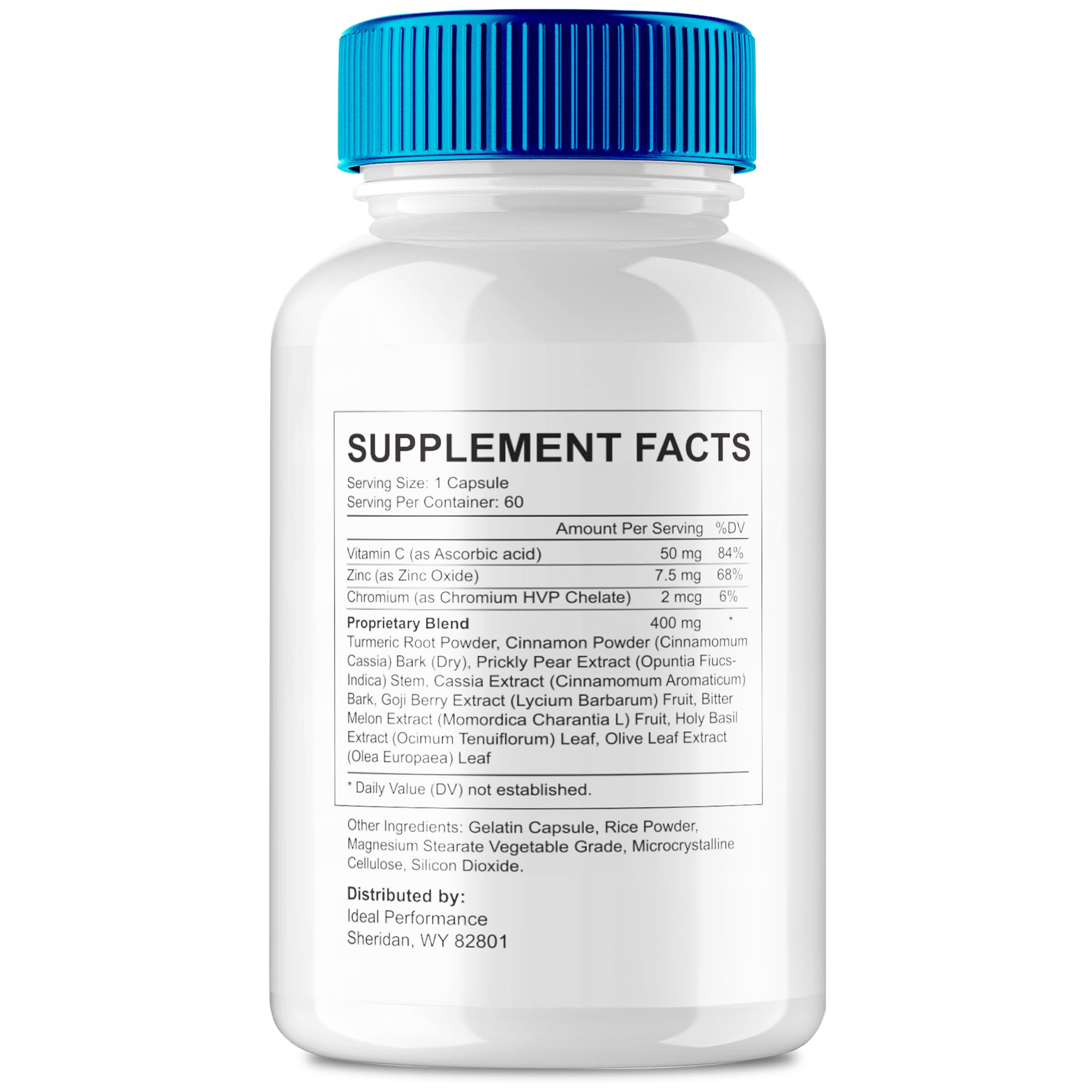 IDEAL PERFORMANCE Gluco Peace Pills label closeup highlighting natural ingredients.