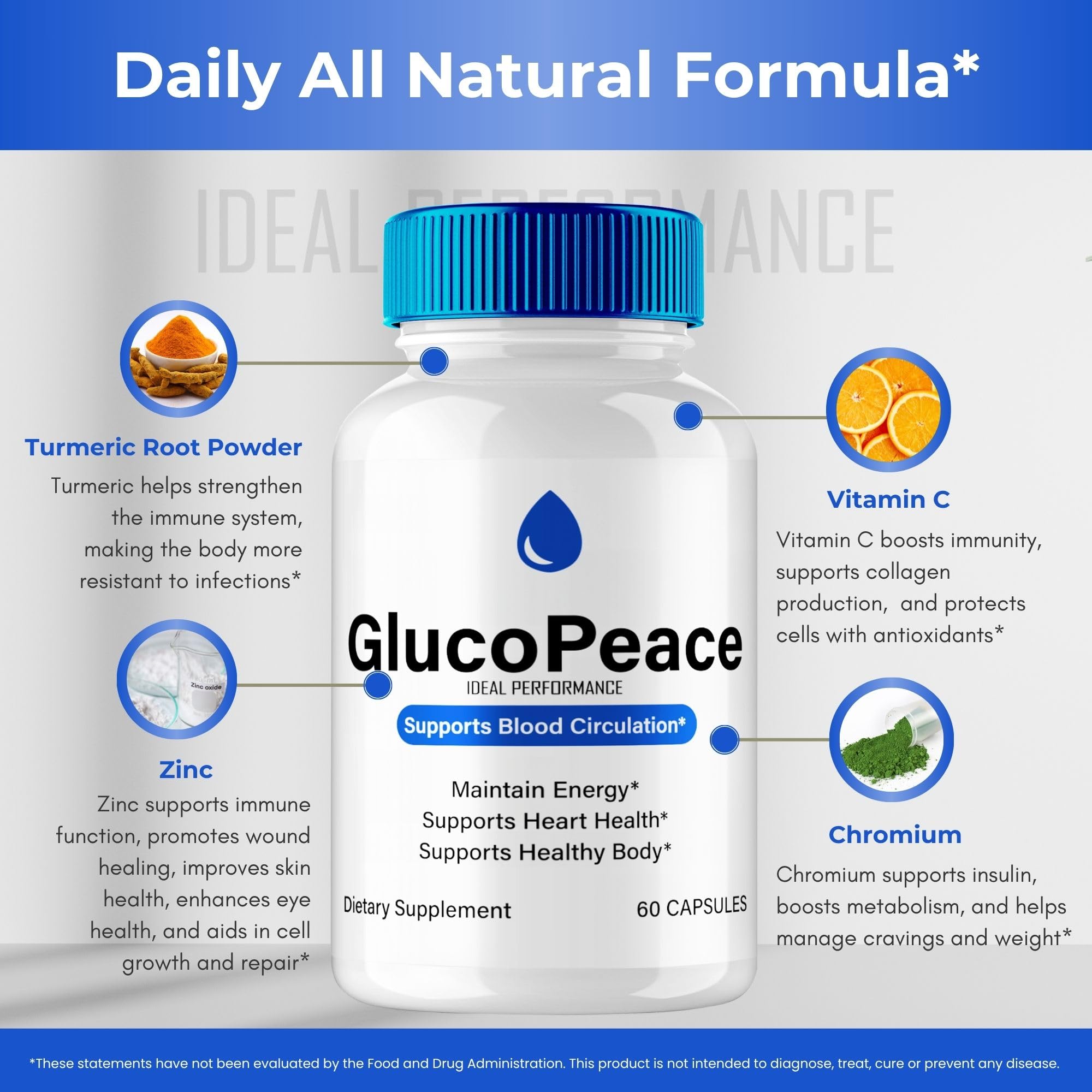 IDEAL PERFORMANCE Gluco Peace Pills lifestyle shot suggesting daily routine use.
