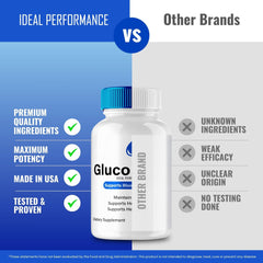 IDEAL PERFORMANCE Gluco Peace pills box and bottle with premium design.