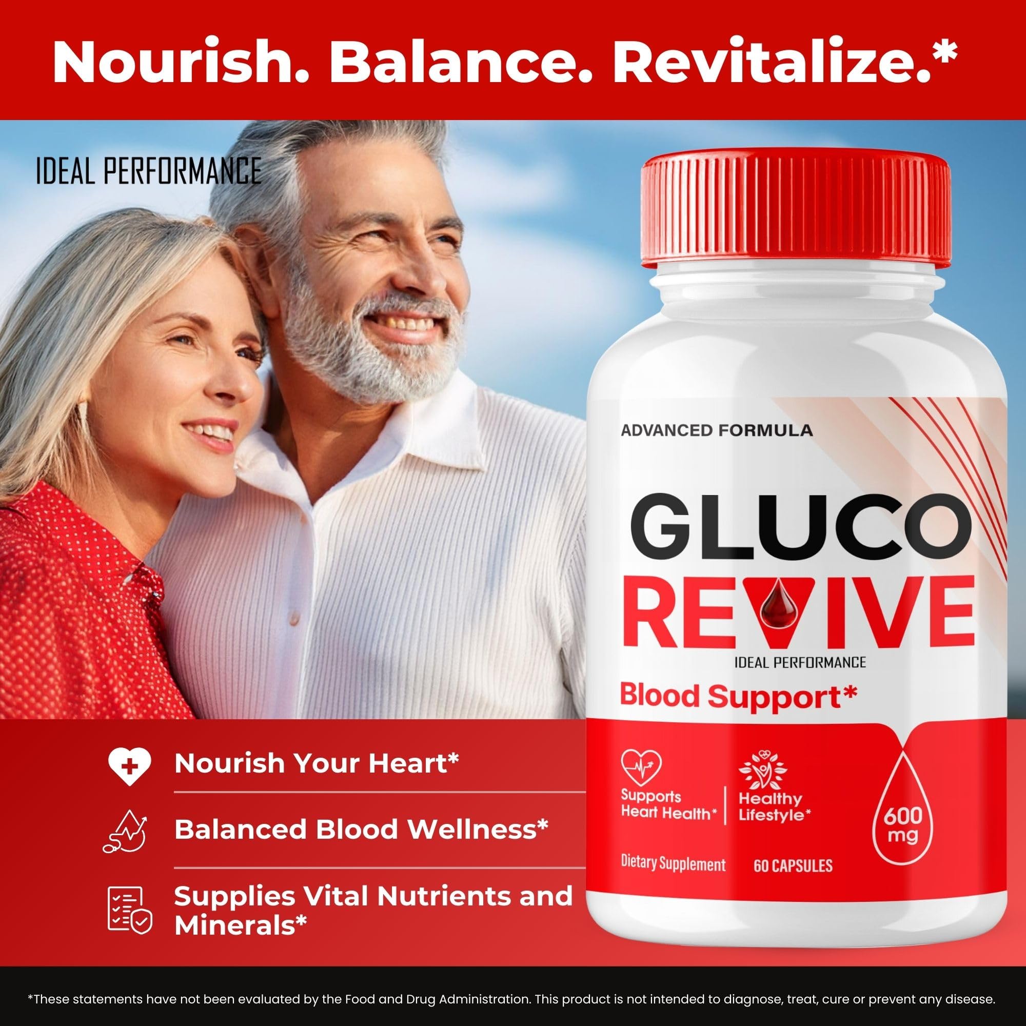IDEAL PERFORMANCE Gluco Revive ingredients chart on the label.